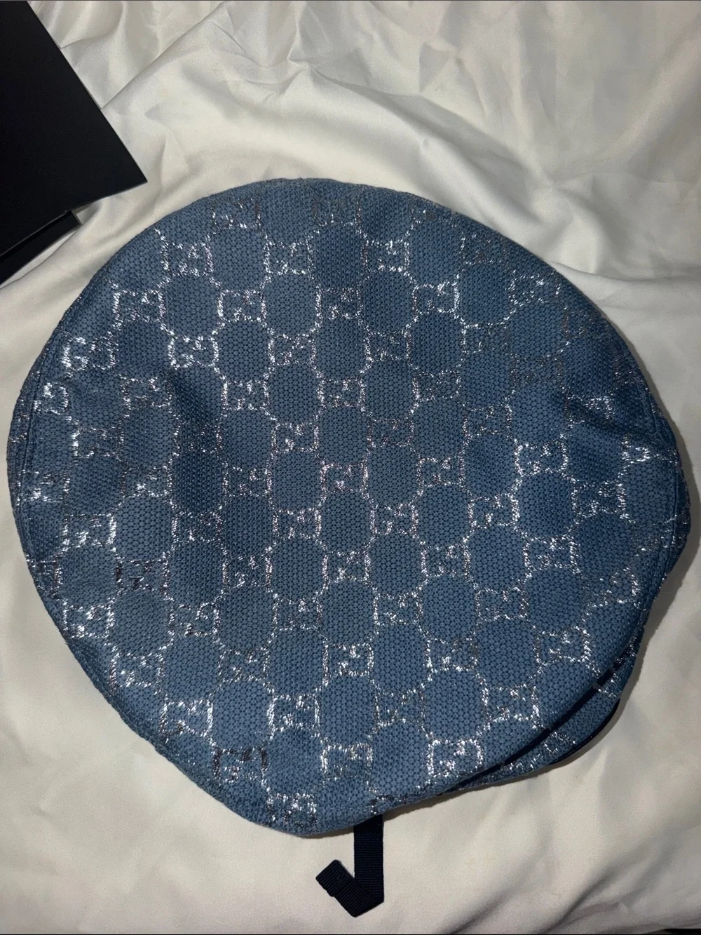 Gucci Light Blue Monogram Beret with Black Bow Trim